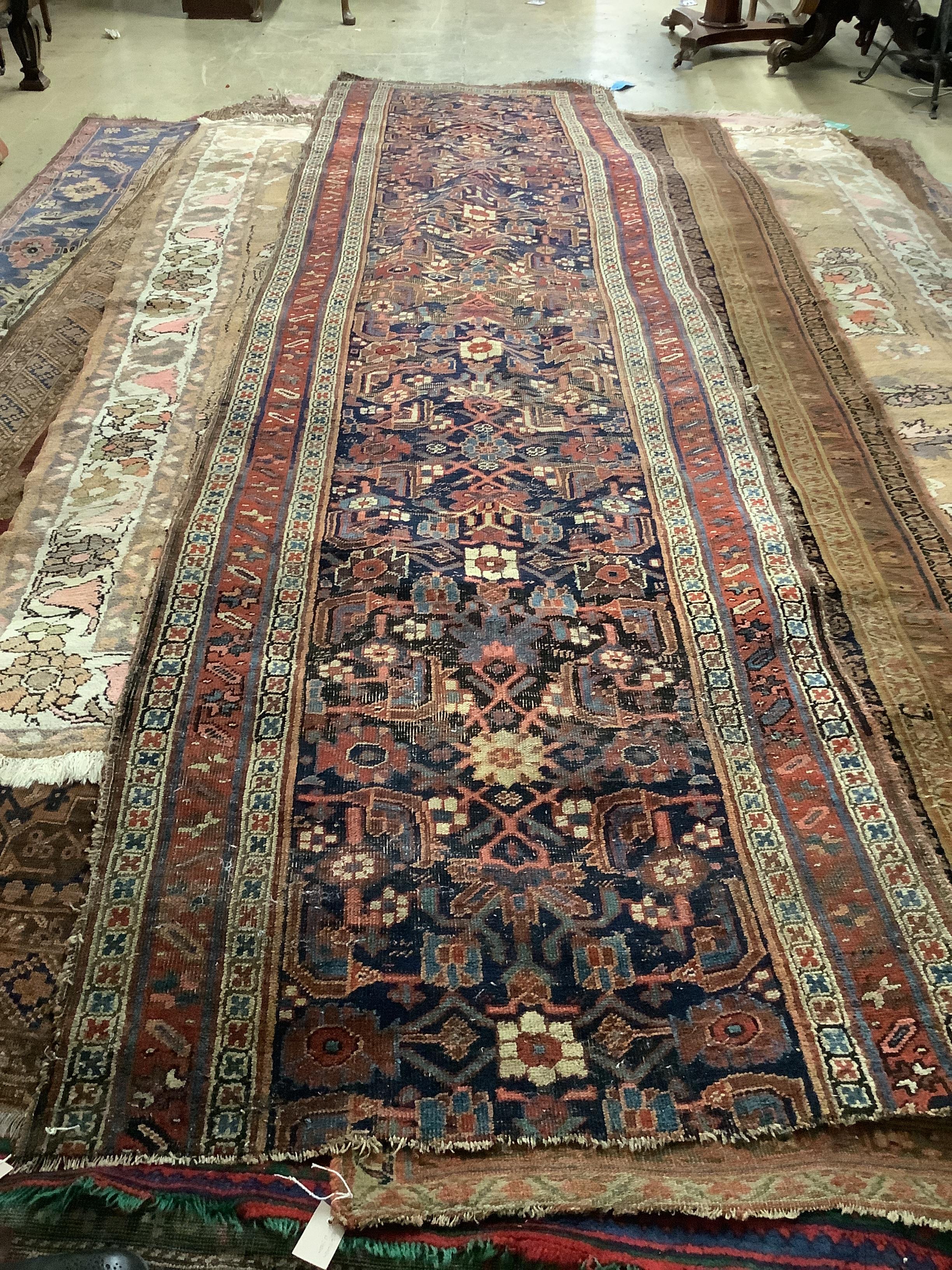 A Persian Bidjar blue ground runner, 433 x 107cm